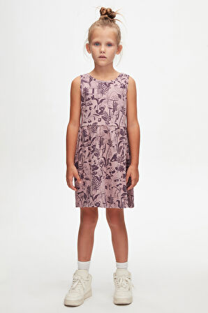 Gül Kurusu Forest Animals Kız Çocuk Desenli Kolsuz Elbise