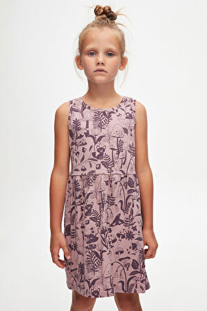 Gül Kurusu Forest Animals Kız Çocuk Desenli Kolsuz Elbise