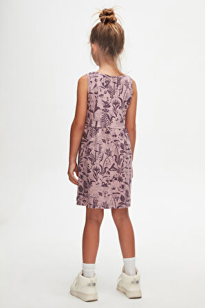 Gül Kurusu Forest Animals Kız Çocuk Desenli Kolsuz Elbise