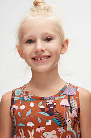 Kahverengi Forest Animals Kız Çocuk Desenli Kolsuz Elbise