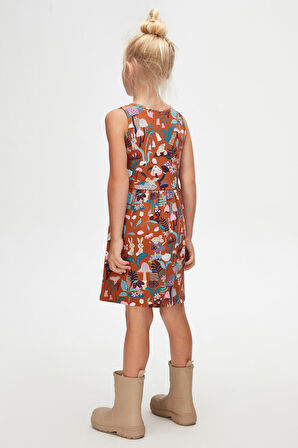 Kahverengi Forest Animals Kız Çocuk Desenli Kolsuz Elbise