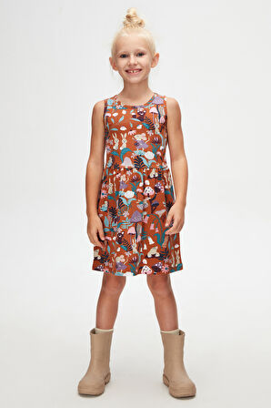 Kahverengi Forest Animals Kız Çocuk Desenli Kolsuz Elbise