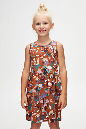 Kahverengi Forest Animals Kız Çocuk Desenli Kolsuz Elbise