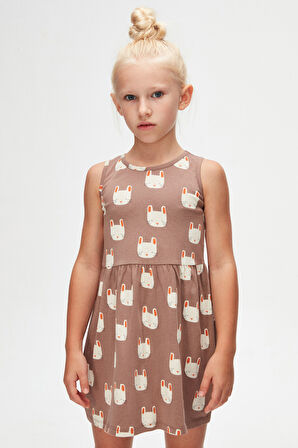 Sleepy Bunny Kız Çocuk Desenli Kolsuz Elbise