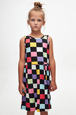 Op Art Chechers Kız Çocuk Desenli Desen Elbise