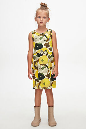 Açık Yeşil Retro Flowers Kız Çocuk Desenli Kolsuz Elbise