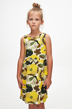 Açık Yeşil Retro Flowers Kız Çocuk Desenli Kolsuz Elbise