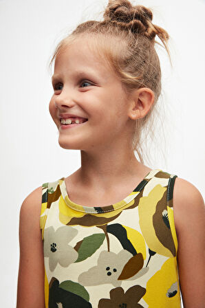 Açık Yeşil Retro Flowers Kız Çocuk Desenli Kolsuz Elbise