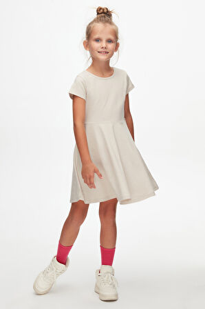 Taş Renkli Basic Kız Çocuk Kısa Kollu Elbise