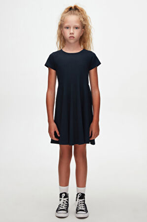 Koyu Lacivert Renkli Basic Kız Çocuk Kısa Kollu Elbise