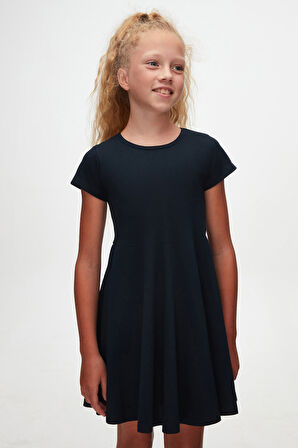 Koyu Lacivert Renkli Basic Kız Çocuk Kısa Kollu Elbise