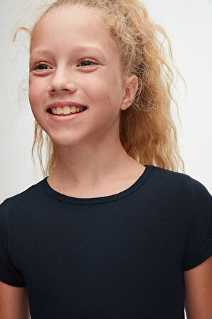 Koyu Lacivert Renkli Basic Kız Çocuk Kısa Kollu Elbise