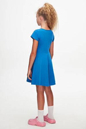 Saks Renkli Basic Kız Çocuk Kısa Kollu Elbise