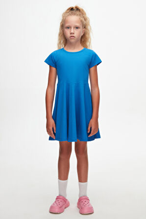 Saks Renkli Basic Kız Çocuk Kısa Kollu Elbise