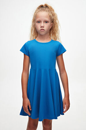 Saks Renkli Basic Kız Çocuk Kısa Kollu Elbise