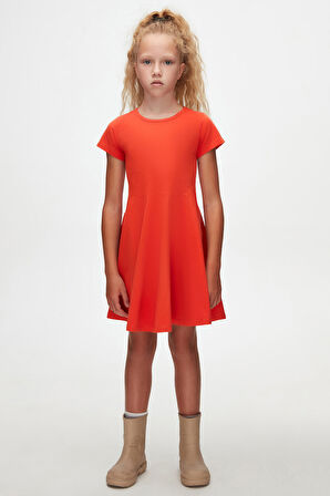 Turuncu Renkli Basic Kız Çocuk Kısa Kollu Elbise