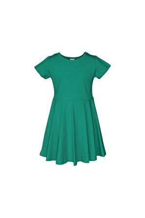 Koyu Yeşil Renkli Basic Kız Çocuk Kısa Kollu Elbise