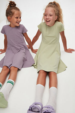 Açık Çağla Yeşil Renkli Basic Kız Çocuk Kısa Kollu Elbise