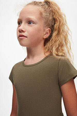 Kamuflaj Yeşil Renkli Basic Kız Çocuk Kısa Kollu Elbise