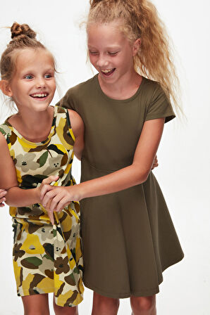 Kamuflaj Yeşil Renkli Basic Kız Çocuk Kısa Kollu Elbise