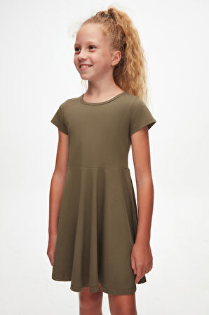 Kamuflaj Yeşil Renkli Basic Kız Çocuk Kısa Kollu Elbise