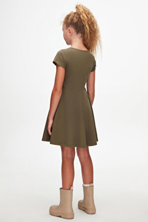 Kamuflaj Yeşil Renkli Basic Kız Çocuk Kısa Kollu Elbise