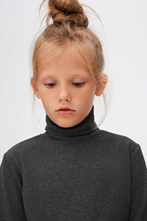 Antrasit Basic Kışlık Tam Balıkçı Yaka Uzun Kollu Kız Çocuk Tişört