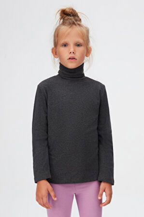 Antrasit Basic Kışlık Tam Balıkçı Yaka Uzun Kollu Kız Çocuk Tişört