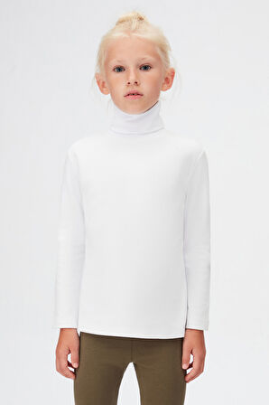 Beyaz Basic Kışlık Tam Balıkçı Yaka Uzun Kollu Kız Çocuk Tişört