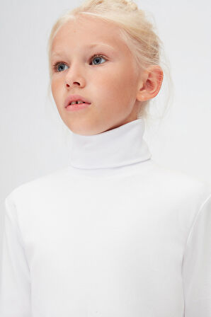 Beyaz Basic Kışlık Tam Balıkçı Yaka Uzun Kollu Kız Çocuk Tişört