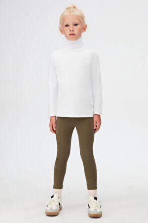 Beyaz Basic Kışlık Tam Balıkçı Yaka Uzun Kollu Kız Çocuk Tişört