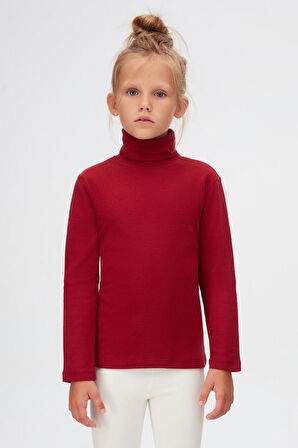 Bordo Basic Kışlık Tam Balıkçı Yaka Uzun Kollu Kız Çocuk Tişört