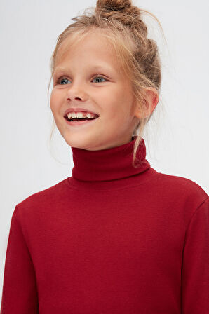 Bordo Basic Kışlık Tam Balıkçı Yaka Uzun Kollu Kız Çocuk Tişört