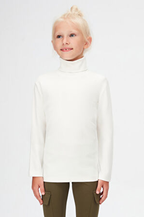 Ekru Basic Kışlık Tam Balıkçı Yaka Uzun Kollu Kız Çocuk Tişört
