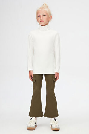 Ekru Basic Kışlık Tam Balıkçı Yaka Uzun Kollu Kız Çocuk Tişört