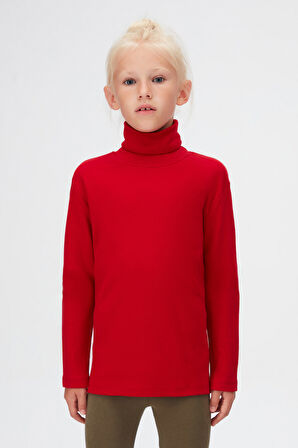 Kırmızı Basic Kışlık Tam Balıkçı Yaka Uzun Kollu Kız Çocuk Tişört