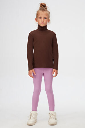 Kahverengi Basic Kışlık Tam Balıkçı Yaka Uzun Kollu Kız Çocuk Tişört