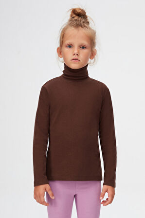 Kahverengi Basic Kışlık Tam Balıkçı Yaka Uzun Kollu Kız Çocuk Tişört