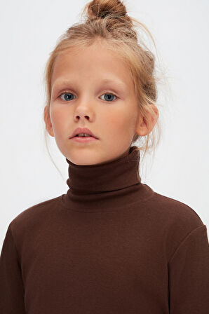 Kahverengi Basic Kışlık Tam Balıkçı Yaka Uzun Kollu Kız Çocuk Tişört