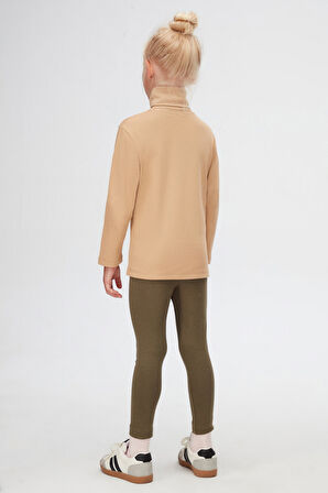 Sütlü Kahve Basic Kışlık Tam Balıkçı Yaka Uzun Kollu Kız Çocuk Tişört