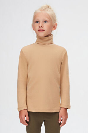 Sütlü Kahve Basic Kışlık Tam Balıkçı Yaka Uzun Kollu Kız Çocuk Tişört