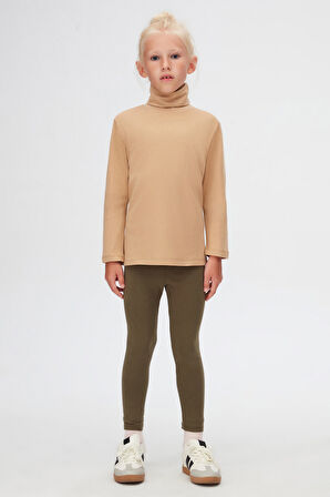 Sütlü Kahve Basic Kışlık Tam Balıkçı Yaka Uzun Kollu Kız Çocuk Tişört