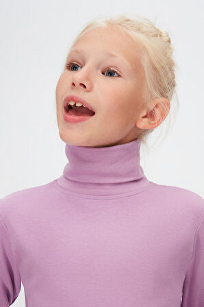 Lila Basic Kışlık Tam Balıkçı Yaka Uzun Kollu Kız Çocuk Tişört