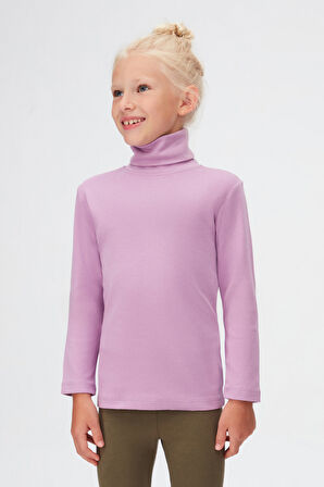 Lila Basic Kışlık Tam Balıkçı Yaka Uzun Kollu Kız Çocuk Tişört