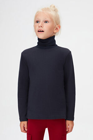 Koyu Lacivert Basic Kışlık Tam Balıkçı Yaka Uzun Kollu Kız Çocuk Tişört