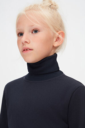 Koyu Lacivert Basic Kışlık Tam Balıkçı Yaka Uzun Kollu Kız Çocuk Tişört