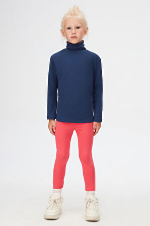 Açık Lacivert Basic Kışlık Tam Balıkçı Yaka Uzun Kollu Kız Çocuk Tişört