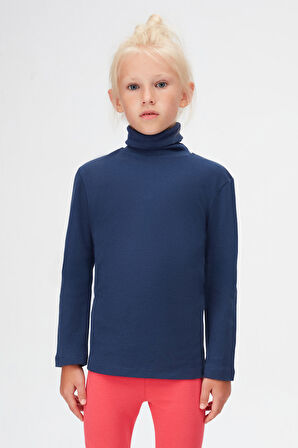 Açık Lacivert Basic Kışlık Tam Balıkçı Yaka Uzun Kollu Kız Çocuk Tişört