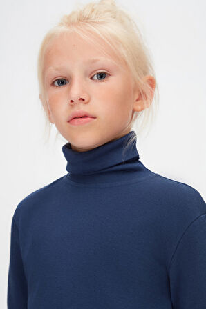 Açık Lacivert Basic Kışlık Tam Balıkçı Yaka Uzun Kollu Kız Çocuk Tişört