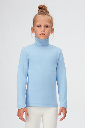 Koyu Mavi Basic Kışlık Tam Balıkçı Yaka Uzun Kollu Kız Çocuk Tişört